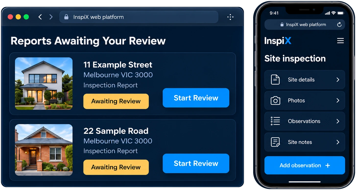 InspiX review queue on desktop and site inspection on mobile